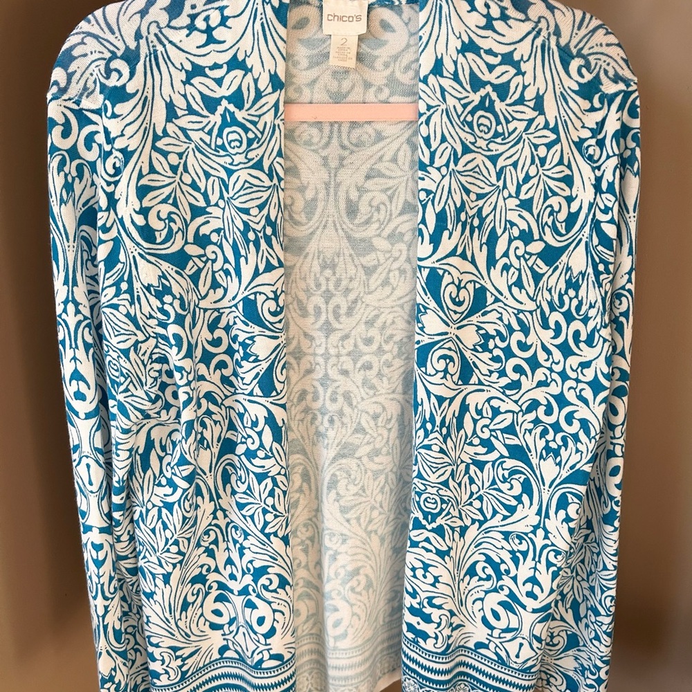 Chico's Teal and Cream Floral Cardigan